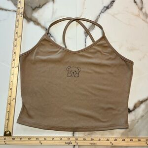 Ribbed Strappy Crop Top with Bear Embroidery - Brown